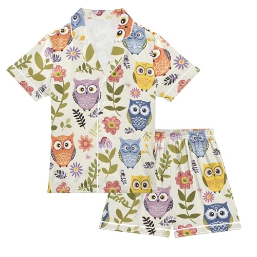 Colorful Owl Flower Pajamas Set Summer Button Down Sleepwear Pjs Sets Comfy Loungewear