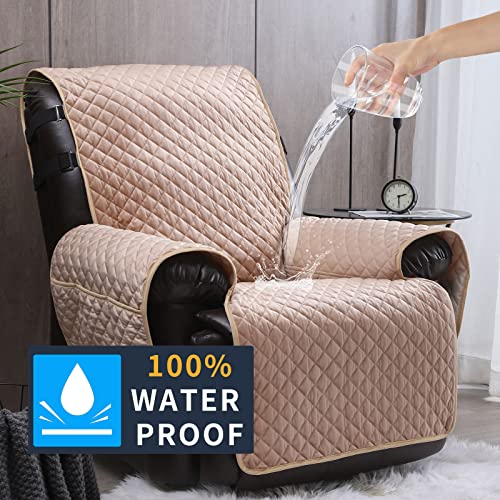 Image of Velvet Recliner Covers Non Slip Waterproof Large Recliner Chair Covers for Leather Chairs Reversible Recliner Sofa Cover for Living Room Recliner Furniture Protectors Covers for Dog Pets Beige 28 inch