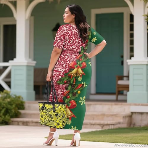 Image of Polynesian Dress for Women Short Sleeve High Waist Maxi Skirt | Puletasi dress, t-shirt and skirt two-piece, elastic material, lightweight, soft, plus size, luau party, wedding, clubwear