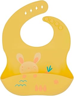 myHomeBody Silicone Bibs with Yellow Rabbit | Waterproof, Food-Catching Bibs for Babies 6-24 Months | Adjustable Strap, Unisex-Baby Bibs