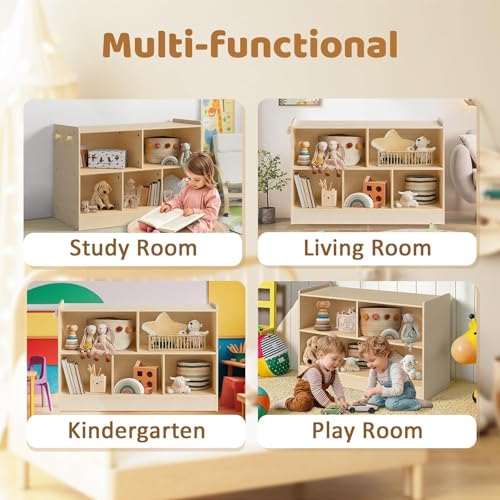 Image of Wooden Kids Storage Cabinet, 5-Section Toddler Montessori Bookshelf, Kids Organizer for Classroom, Playroom, Kindergarten, Medium Size