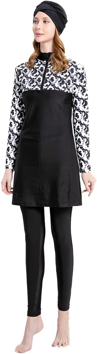 Women's Muslim Swimwear Long Sleeve Burkini Full Cover Swimsuit Hijab Rash Guard, 3pcs Set