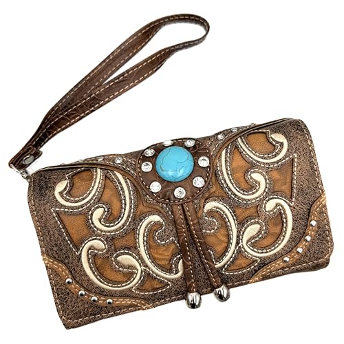 Justin West Tooled Leather Laser Cut Rhinestone Concho Studded Shoulder Concealed Carry Tote Style Handbag Purse Wallet2