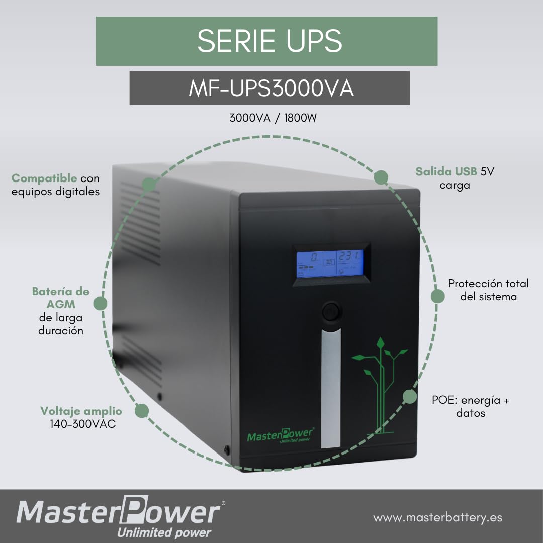 Master U-Power UPS 3000VA (1800W) Offline – Gruppo di Continuità con Protezione da Interruzioni e Sovratensioni – Ideale per PC, Server e Reti