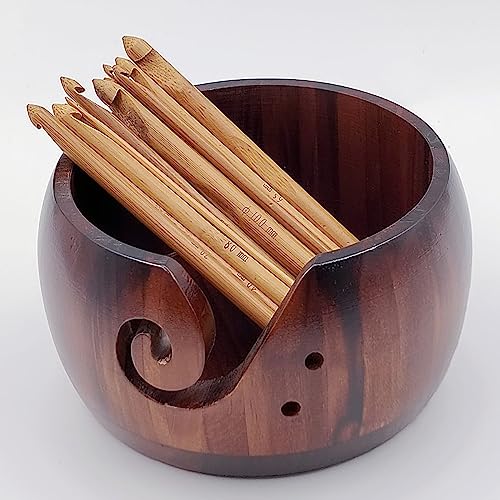 Image of Wooden Yarn Bowl,Yarn Bowl for Knitting Yarn Bowls Crochet Yarn Ball Holder Yarn Storage Bowl for DIY Knitting Crocheting Crochet Kit Organizer,with 12 Pcs Bamboo Crochet Hooks (No-Lid Dark Wood)