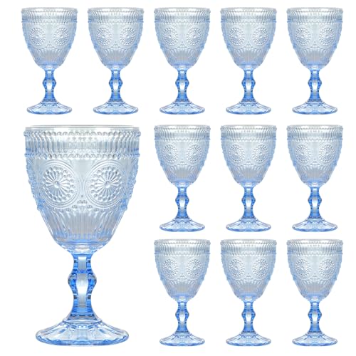 Scawim Vintage Wine Glasses Set of 12, 10 oz Glass Goblets Wine Glassware, Romantic Wedding Glass Set, Embossed Drinking Stemware Beverage Cups for Wedding Party Bar, Blue