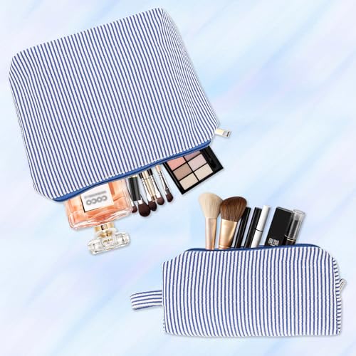 2 Pcs Makeup Bag, Toiletry For Women Cosmetic Bags Quilted Set Striped Preppy Make Up Pouch Gingham (Blue)4