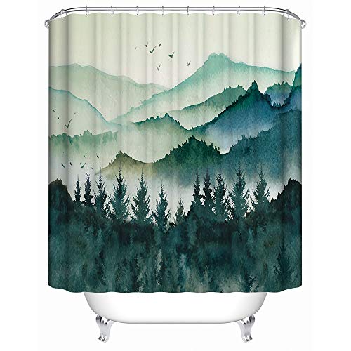 Allenjoy 72X72 Watercolor Mountain Forest Landscape Teal Shower Curtain For Bathroom Sets Green Misty Home Bath Nature Bathtub Decorations Durable Waterproof Fabric Machine Washable With 12 Hooks #TOP5