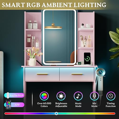 Image of Xixini Vanity Desk with LED Lights Mirror & Power Outlet, Small Makeup Vanity Table Set with Storage Drawers, 3 Lighting Modes & Adjustable Brightness, Dressing Table for Women Girls Bedroom, Pink