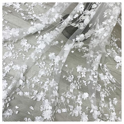 AMateschitz Tela de tul de encaje bordado, 120 cm de ancho, tela bordada floral, malla floral, tela de encaje 3D, tela de tul para manualidades, ropa hecha a mano, costura, velo de boda, color blanco,