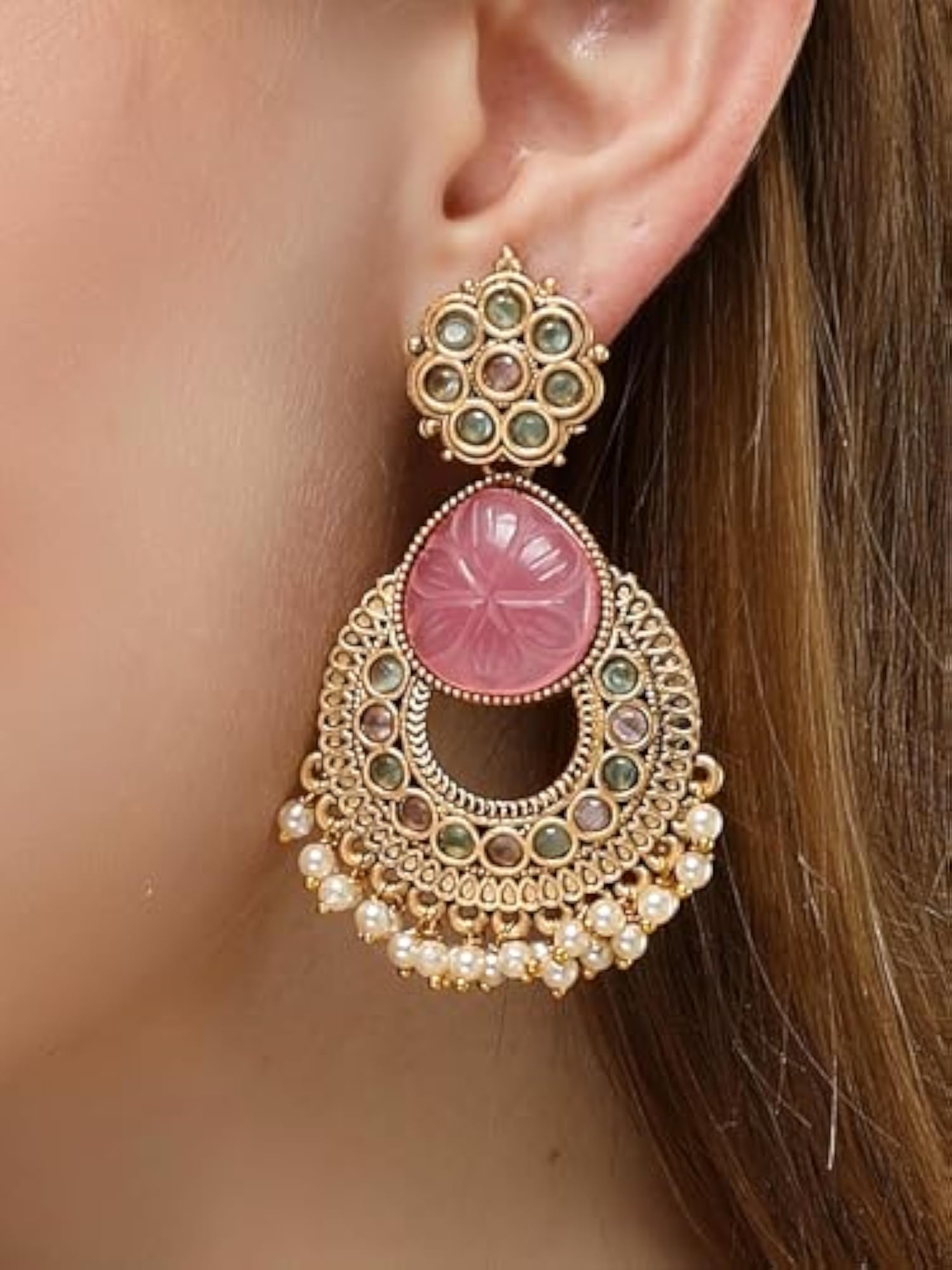 Women's Plated Carved Stone Drop Earrings