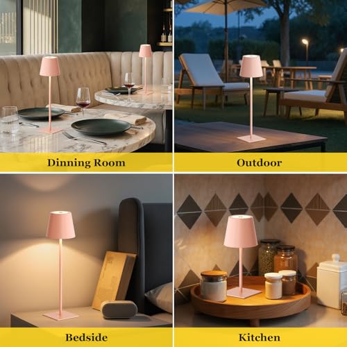 Image of Kakanuo Pink Cordless Rechargeable Table Lamp 5000mAh Battery Operated Lamps, 3 Colors Stepless Dimming Touch Lamp for Living Room, Kitchen Counter, Dining, Outdoor Patio, 2 Pack