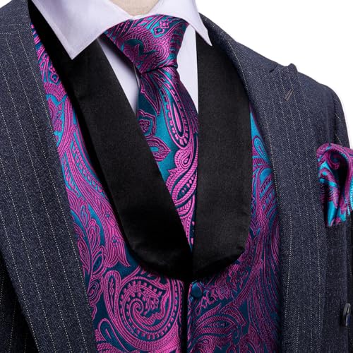 Image of Barry.Wang Mens Silk Lapel /Shawl Collar Vest Tie Sleeve Holder Set Formal /Casual Paisley Vests Wedding Tuxedo Waistcoat