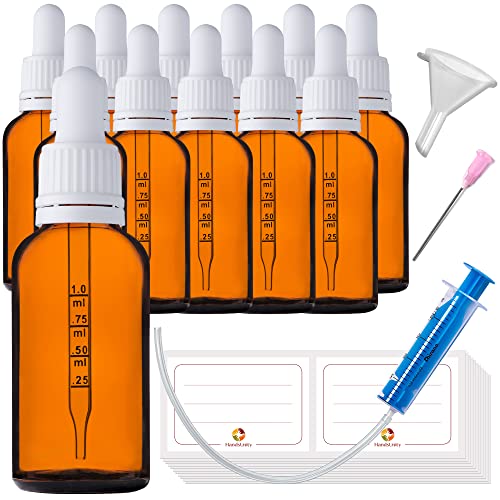  HandsUnity 30 ml-12 flaconi per pipette piccoli flaconi in vetro - per farmacia in vetro ambrato con cappuccio per pipetta bianco, inclusi 29 accessori bottiglie di vetro marrone