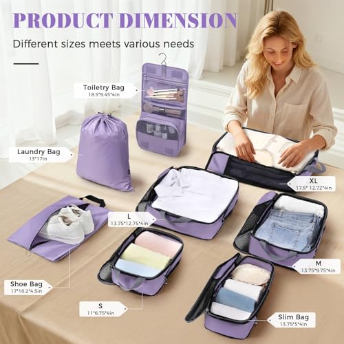 Image of BAGAIL 4 Set /6 Set /8 Set Compression Packing Cubes Travel Accessories Expandable Packing Organizers(HalfMesh,8-Dusty Purple)
