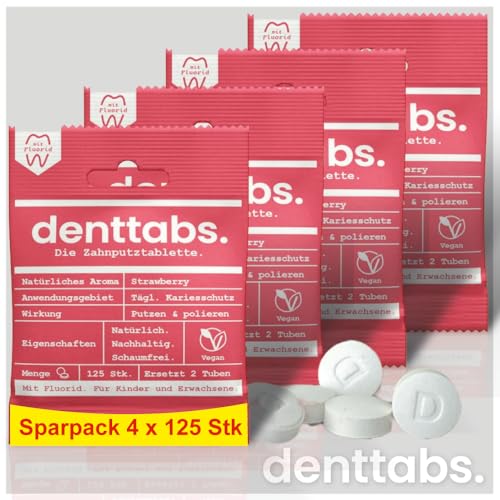 Denttabs Zahnputztabletten Erdbeergeschmack 4x125 Stk. die vollwertige Alternative zur Zahnpasta, mit angepasstem Fluoridgehalt für Kinder VEGAN Plastikfrei ohne Konservierungsstoffe. kompostable Bag