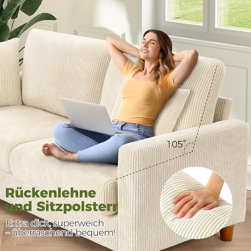 Kidirect Cord Sofa 3 Sitzer, 178CM Bequemes Couch 53CM Extra Tiefe Sitze, Sofa Wohnzimmer Werkzeugfreie Montage, Big Sofa Couch mit 2 Kissen, Modernes Couch fürs Büro, Schlafzimmer Sofas Beige