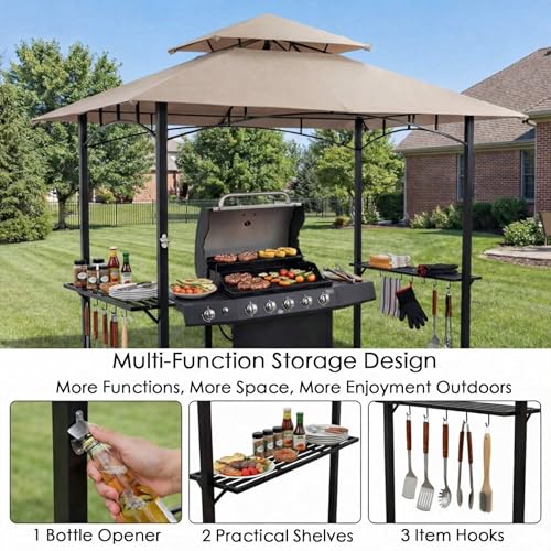 KOZYARD Andra 8' x 5' BBQ Grill Gazebo Canopy Tent, Soft Top Vented Roof, Steel Frame with Side Shelves & Utensil Hooks, 4 Magnetic Detachable LED Lights, Outdoor Grill Shelter