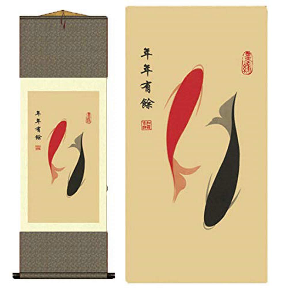 Atfart J01 Asian Wall Decor Beautiful Silk Scroll Painting - Ancient Pisces Double Fish Oriental Chinese Art Wall Hanging (39 X 12 In)