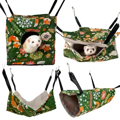 kathson 4 PCS Ferret Hammock Set,Washable Guinea Pig Hideout Bed,Soft Hamster Toys Hanging Tunnel Mats, Small Pets Cage Accessories for Rat, Sugar Glider, Squirrel(Green)