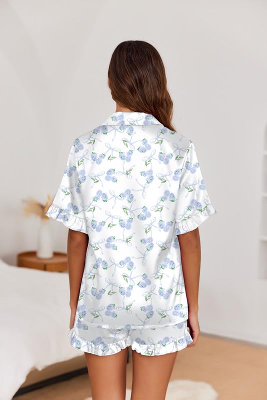 Image of Ekouaer Satin Pajama Set for Women 2 Piece Pj Sets Short Sleeve Sleepwear | Super Soft Silky Summer Loungewear Set with Ruffle Short Sleeve Top and Pocket Shorts, Casual Travel Daily Gift