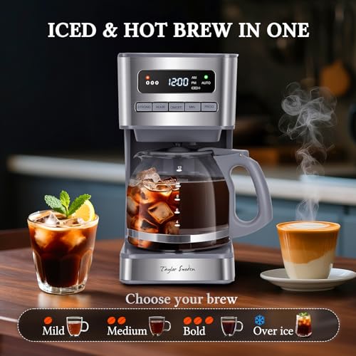 Image of Taylor Swoden Programmable Coffee Makers 12 Cup, Hot and Iced Coffee Maker, 4 Brew Strength, LED Display, 24H Timer, Keep Warm&Auto Shutoff- Drip Coffee Machine for Home /Office, Gray & Stainless Steel