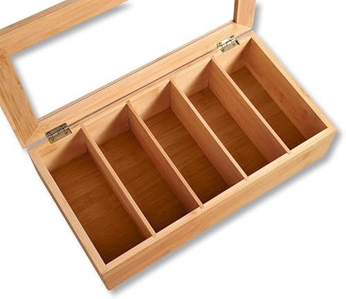 Foto von Kesper | Teebox aus Bambus | 5 Fächer | Material: Bambus | Maße: 36 x 20 x 9 cm | Teekiste mit Sichtfenster | ideal für Teebeutel, Kaffeepads & als Teekasten