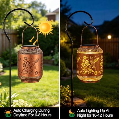 Image of Solar Lantern Outdoor Hanging Solar Garden Light Gifts for Mom Grandma Women,Waterproof Metal Decorative Lantern, Warm White Solar Lights for Patio Yard (Hummingbird)