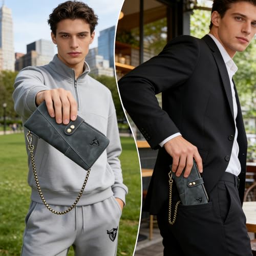 Image of Genuine Crazy Horse Leather Travel Gift Coin Pocket Card Case Long Organizer Chain Rfid Wallet Purse With Snap For Men Male 1803 1815 (1803 The Blue)