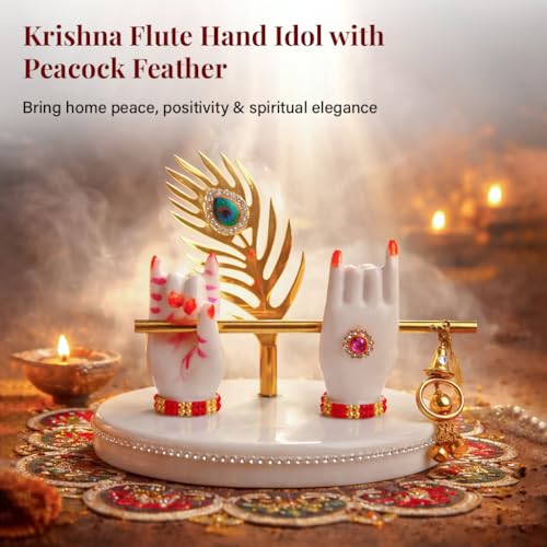 Image of HindCraft Krishna Hand Idol with Flute & Peacock Feather | Marble Finish Spiritual Showpiece for Home Decor, Temple & Gift