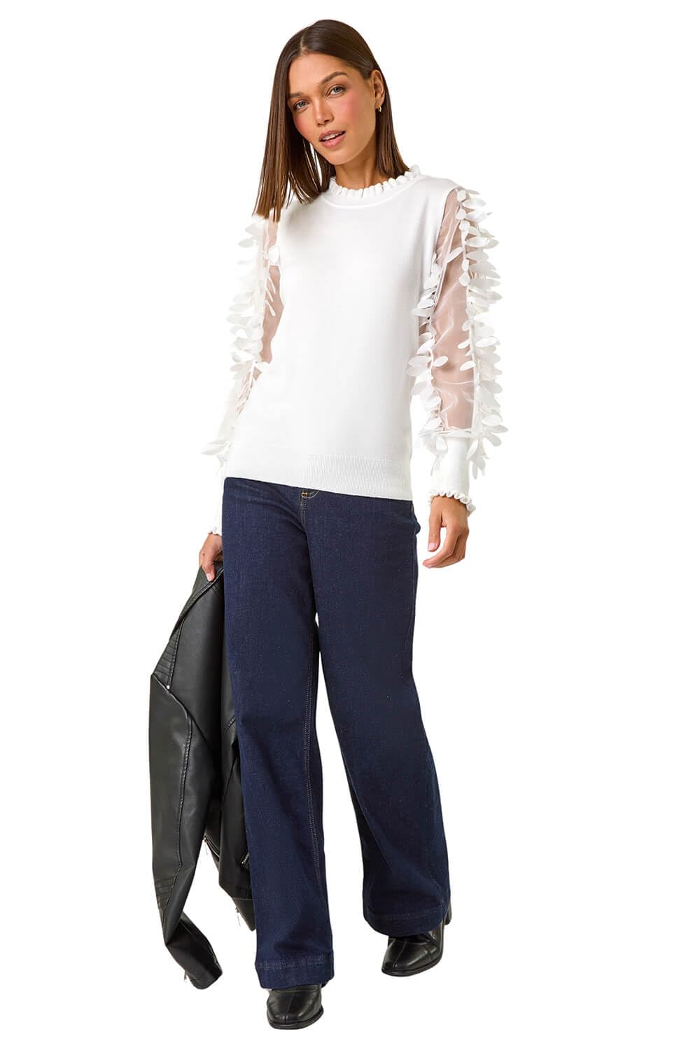 Roman Women's Ivory Sheer Feather Sleeved Jumper Size 12