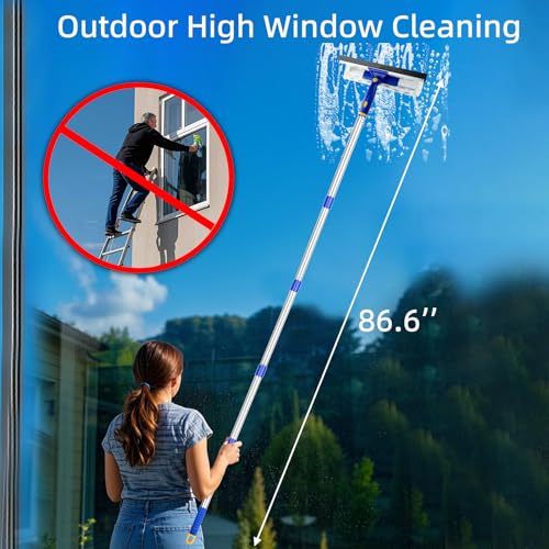Image of 86.6 inch Window Squeegee Cleaner,2 in 1 Window Cleaning Tool Kit,Shower Squeegee with Extension Pole，Glass Cleaning Tools for Shower Glass,Indoor /Outdoor High Window Cleaning-Two Pads