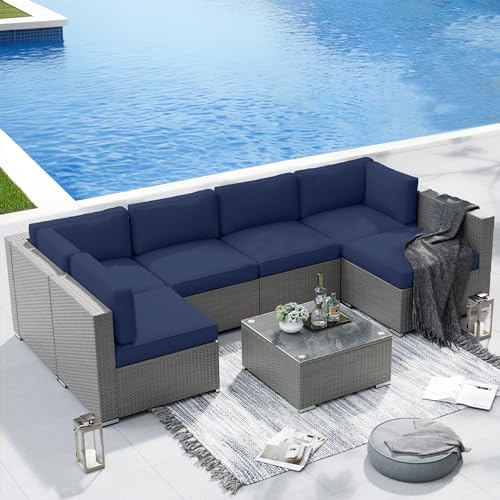SUNCROWN Outdoor Patio Furniture Set 7 Piece Outdoor Sectional Sofa Grey Wicker Conversation Sofa Set with Coffee Table and Cushions (Dark Blue)