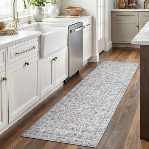 2x6 Grey Blue White Washable Runner Rug for Kitchen, Soft Neutral Vintage Kitchen Rugs with Non-Slip, Non-Shedding Distressed Floral Rug for Entryway Hallways Laundry Indoor Bedroom
