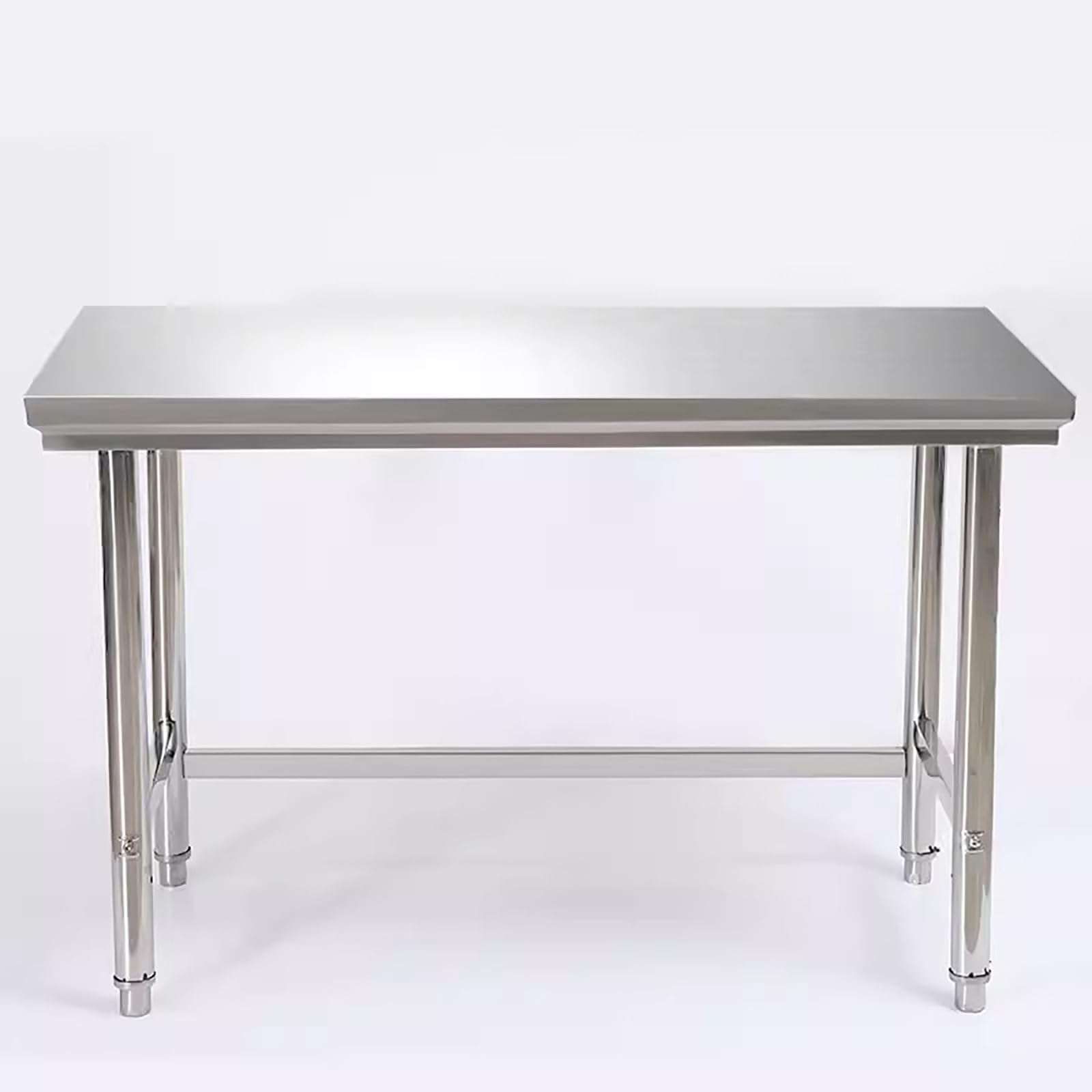 Mesa de trabajo comercial de acero inoxidable resistente con patas ajustables, acabado cepillado para mayor estabilidad, ideal para uso doméstico y profesional.