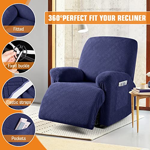 Image of VANSOFY Oversized Recliner Chair Cover, 4-Pieces Stretch Recliner Covers for Recliner Chair Soft Reclining Chair Slipcover Jacquard Pattern Furniture Protector for Dogs Cats(Navy Blue)