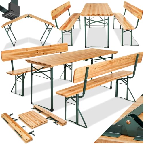 Image of tectake® 3-Piece Garden Table & Bench Set for 8 People, Folding Table & Benches in Water-Repellent Fir Wood with Backrests & Sturdy Steel Frame, Garden Bench Set for Picnic, Camping, Beer Festivals