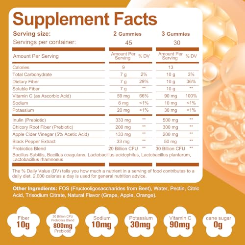 Migcopat 10G Fiber Gummies with Probiotics, Fiber Supplement with 30 Billion CFU Probiotics Blend, ACV, Vitamin C, Inulin - Support Digestive Health - No Sugar Added - Fruit Flavored - 90 Count - Image 3