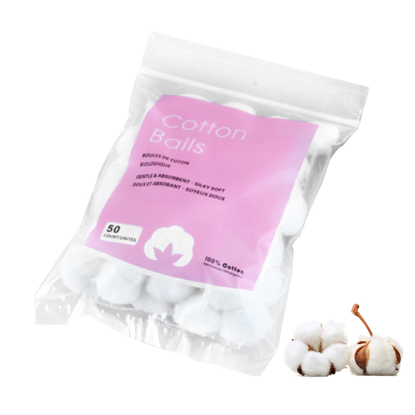 Cotton Balls, Pure Cotton Balls, Absorbent, 50 Count - Soft,Multipurpose Cotton Balls for Makeup Removal (0.3g/ball）, White