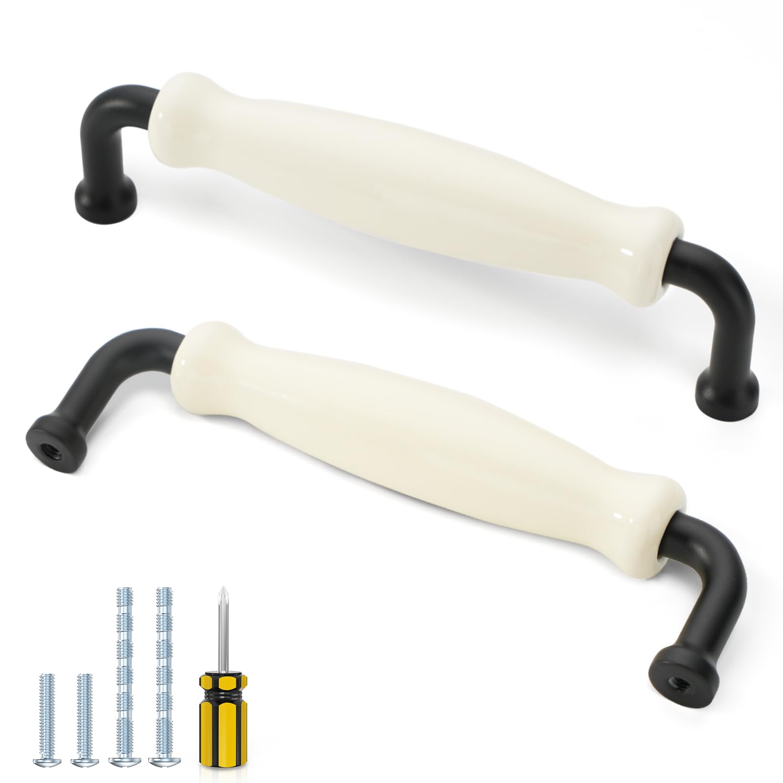 12 Pack Ceramic Cabinet Handles, 128mm (5 Inch) Hole Center, White and Black Kitchen Cupboard Pulls, Classic Cabinet Door Handles for Chest of Drawers, Wardrobe, Dresser, Zinc