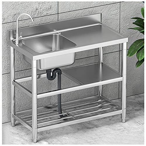 Ocazi Outdoor Utility Sink Free Standing Stainless Steel Sink Single Bowl Commercial Restaurant Kitchen Sink Set W/Faucet, Drainboard & Double Storage Shelves 90X50X85Cm/35.4X19.7X33.5In Left #TOP24