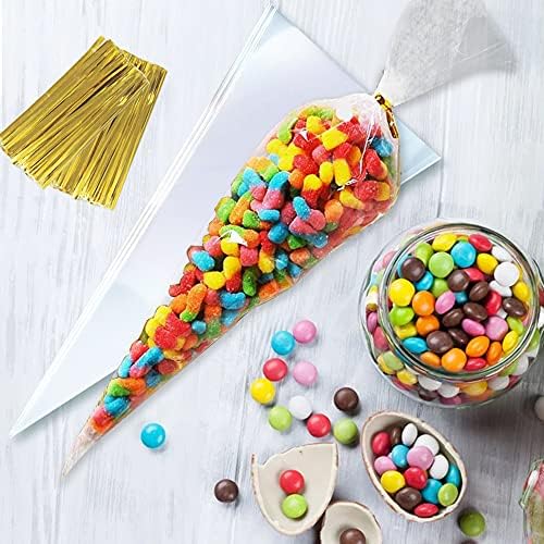 OWill 100pcs Clear Cone Bags, Sweet Bags, Clear Cellophane Bags for Baking, Sweets and Biscuits