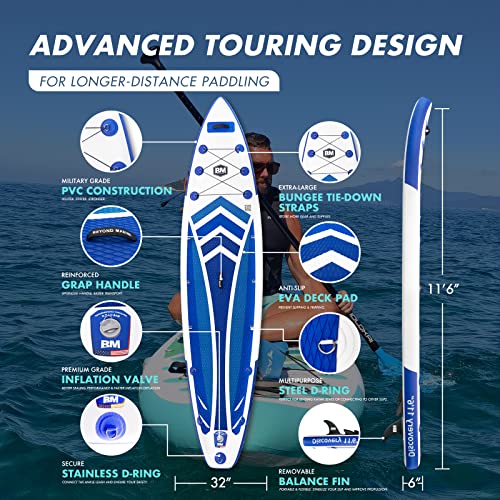 Beyond Marina Inflatable Paddle Boards For All Skill Levels, Touring Inflatable Sup Featherlight 11'6"X31 X6 Stand Up Paddleboard, Double Action Pump, D Rings, Isup Complete Package, Blue #TOP2