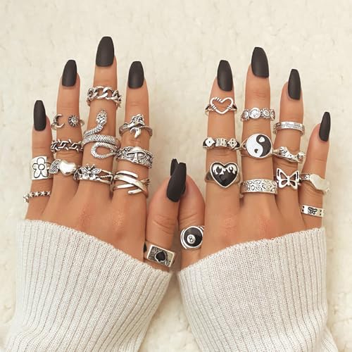 Image of IFKM Vintage Silver Knuckle Rings Set for Women, Stackable Joint Finger Statement Rings Bohemian Retro Hollow Carved Midi Rings, Boho Halloween Skeleton Skull Snake Heart Chunky Stacking Rings Pack