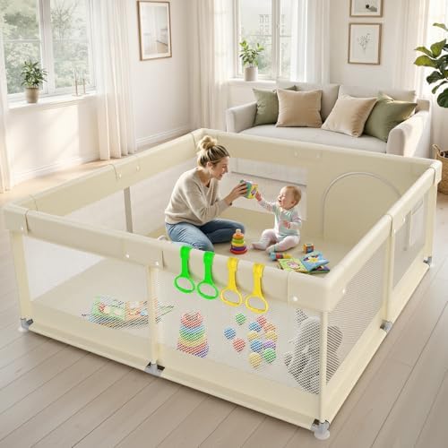 ZEEBABA 59x59in Baby Playpen Without mat, Play Yard for Babies Toddlers, Beige