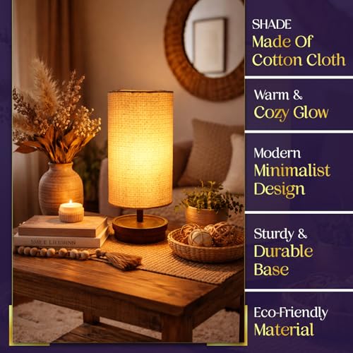 Image of Lexton 13 Inch Textured Fabric Shade Table Lamp with Wooden Base | Modern Cylindrical Bedside Lamp for Living Room, Bedroom, Study Table & Home Decor | Soft Ambient Lighting | Bulb Not Included