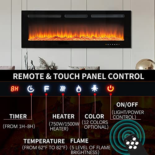 Oneinmil Electric Fireplace, 50 Inch Wide Recessed And Wall Mounted Electric Fireplace, 750W/1500W, 12 Color Flame, Remote Control, Log Set & Crystal #TOP2