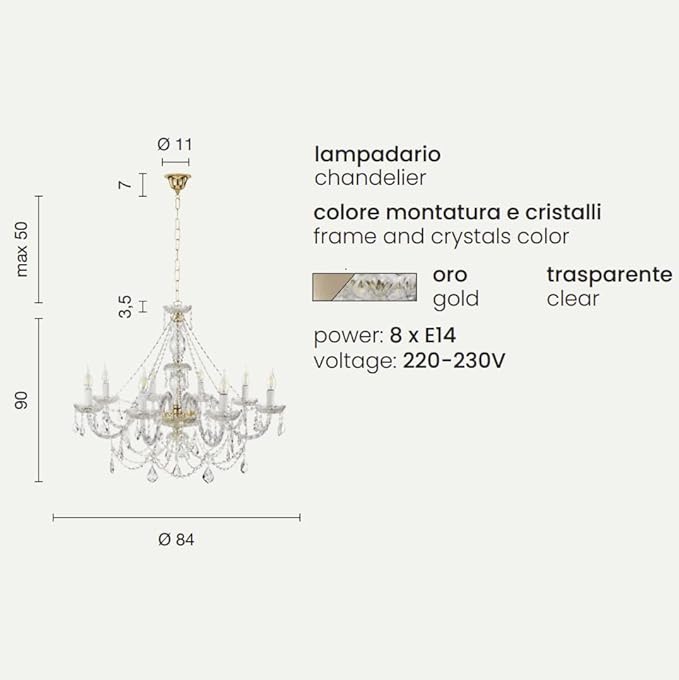 Liberoshopping Handgemaakte hanglamp van kristal en glas (8 lampen, goudkleurig/transparant) photo 2