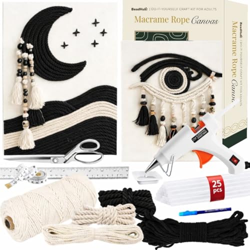 Macrame Kit for Beginners - DIY Rope Canvas Wall Art Kit with Ropes Supplies & Tools | DIY Macrame Art Wall Hanging Decor Starter Set, Craft Kits for Adults, Boho Aesthetic Home Decoration (Black)