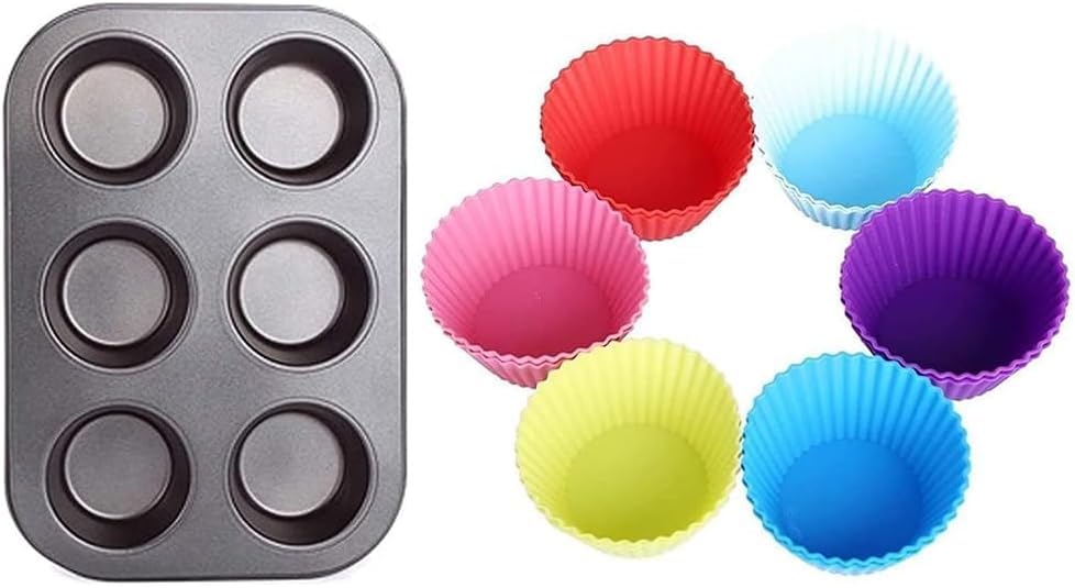 UAE Felcon 2-SET Combo 6 Slot Muffins Tray 6 Pcs Paper Cake Cup Liners Cupcake Cases Round Shape Baking Cups Reusable Silicone Perfect for Handmade Soap Biscuit Chocolate Baking